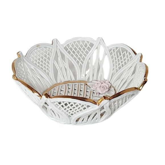 Vintage Porcelain Wicker Style Trinket Basket Floral With Gold Accent 2" x 4" - Picture 1 of 10